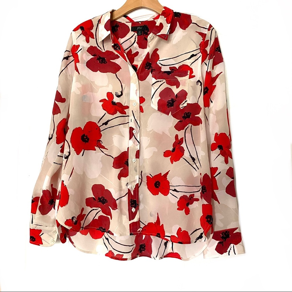 J. Crew Silk Boy Shirt Poppy Floral Red Cream 10